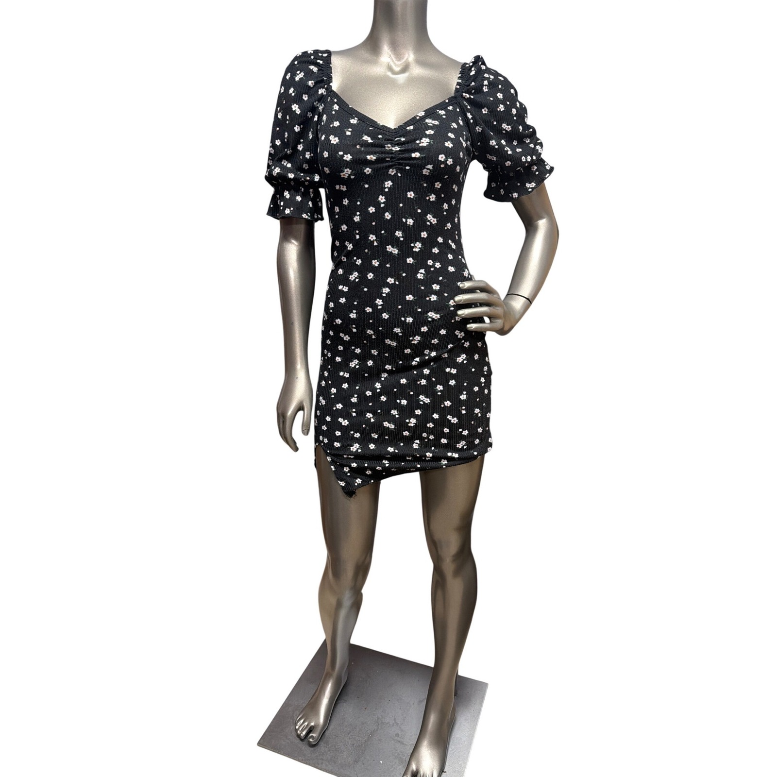 Black Floral Ribbed Knit Puff Sleeve Mini Dress Sweetheart Neckline Bodycon 0260